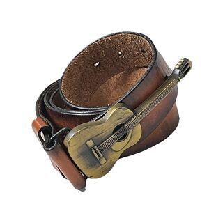 Old Navy Vintage 90s Style Brown Leather Belt Guitar Buckle Brass Tone Mens 40